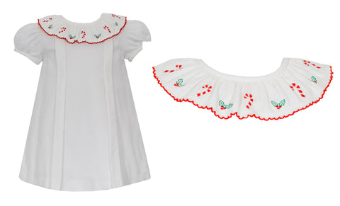 *Pre-Order Candy Canes - Girl's Dress W/ Embroidered Collar - White Corduroy