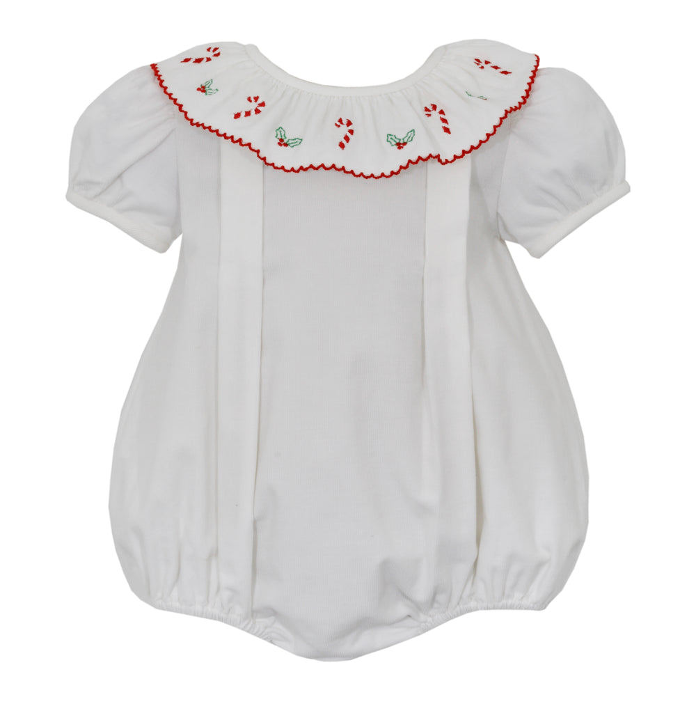 *Pre-Order Candy Canes - Girl's Bubble W/ Embroidered Collar - White Corduroy